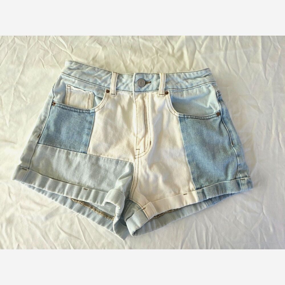 PacSun Two-Tone Colorblock Denim Jean Shorts - Light Blue & White- Size 26 waist